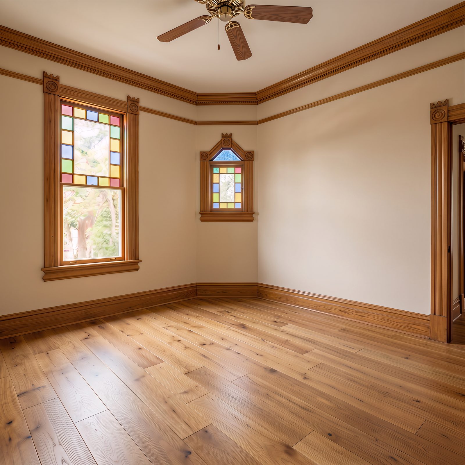Bedroom with stained glass windows and original trim
