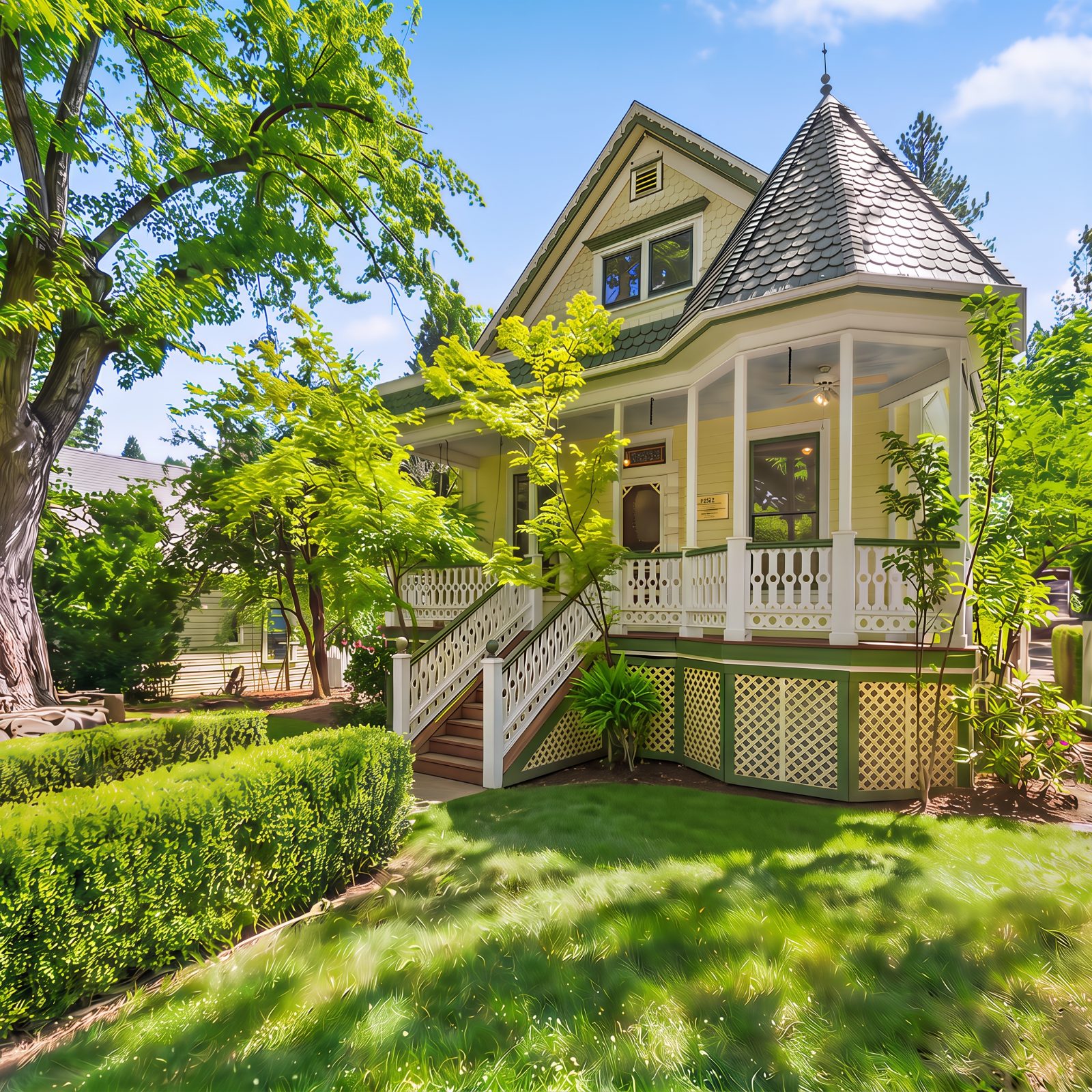 Atman House, historic circa-1880 Victorian exterior with turret and wraparound porch