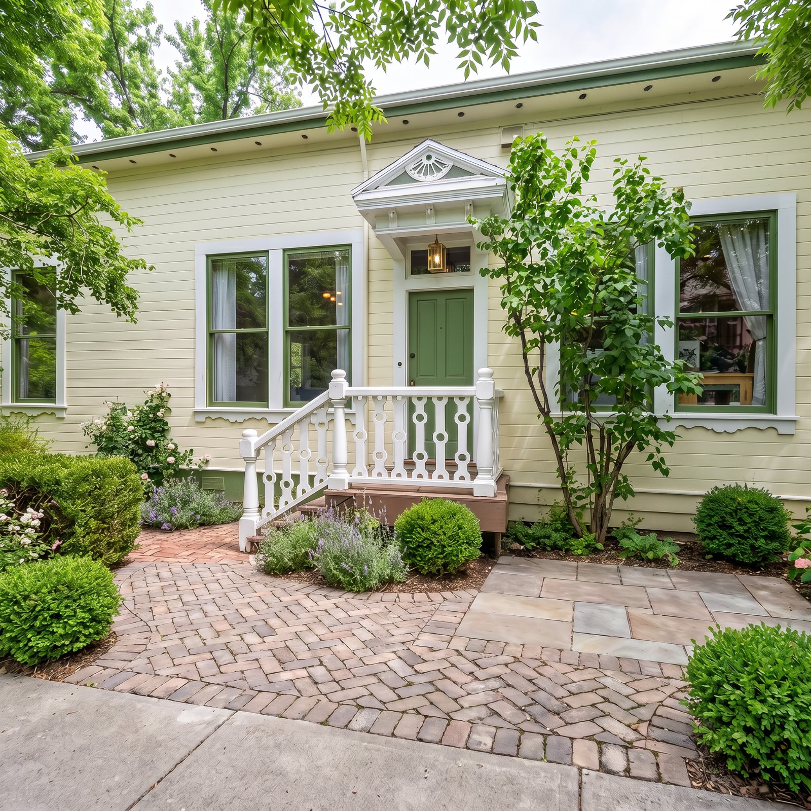 Front entry with green door, brick path, and garden