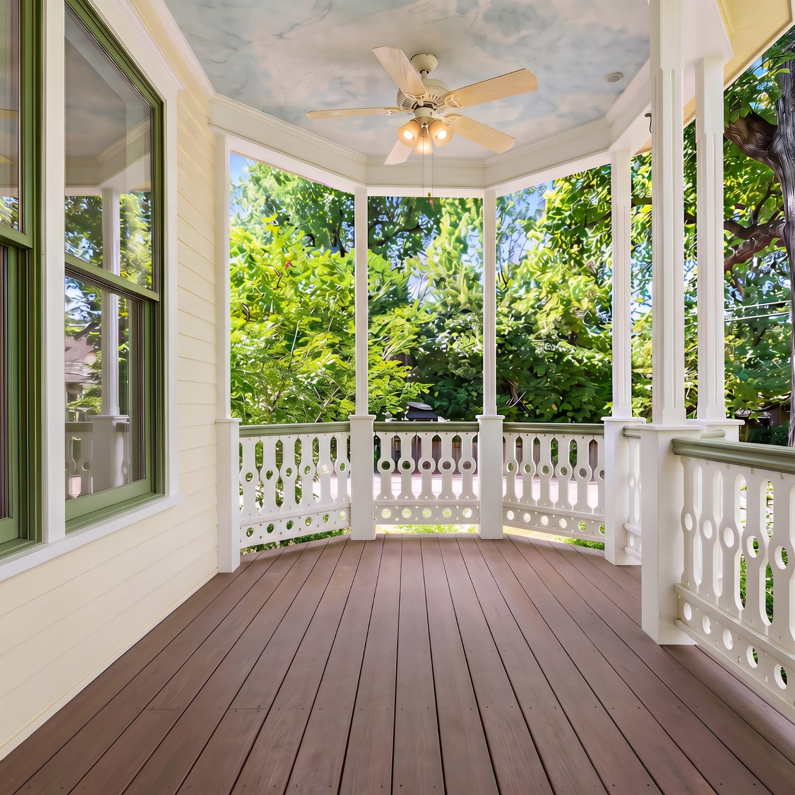 Wraparound porch overlooking the trees