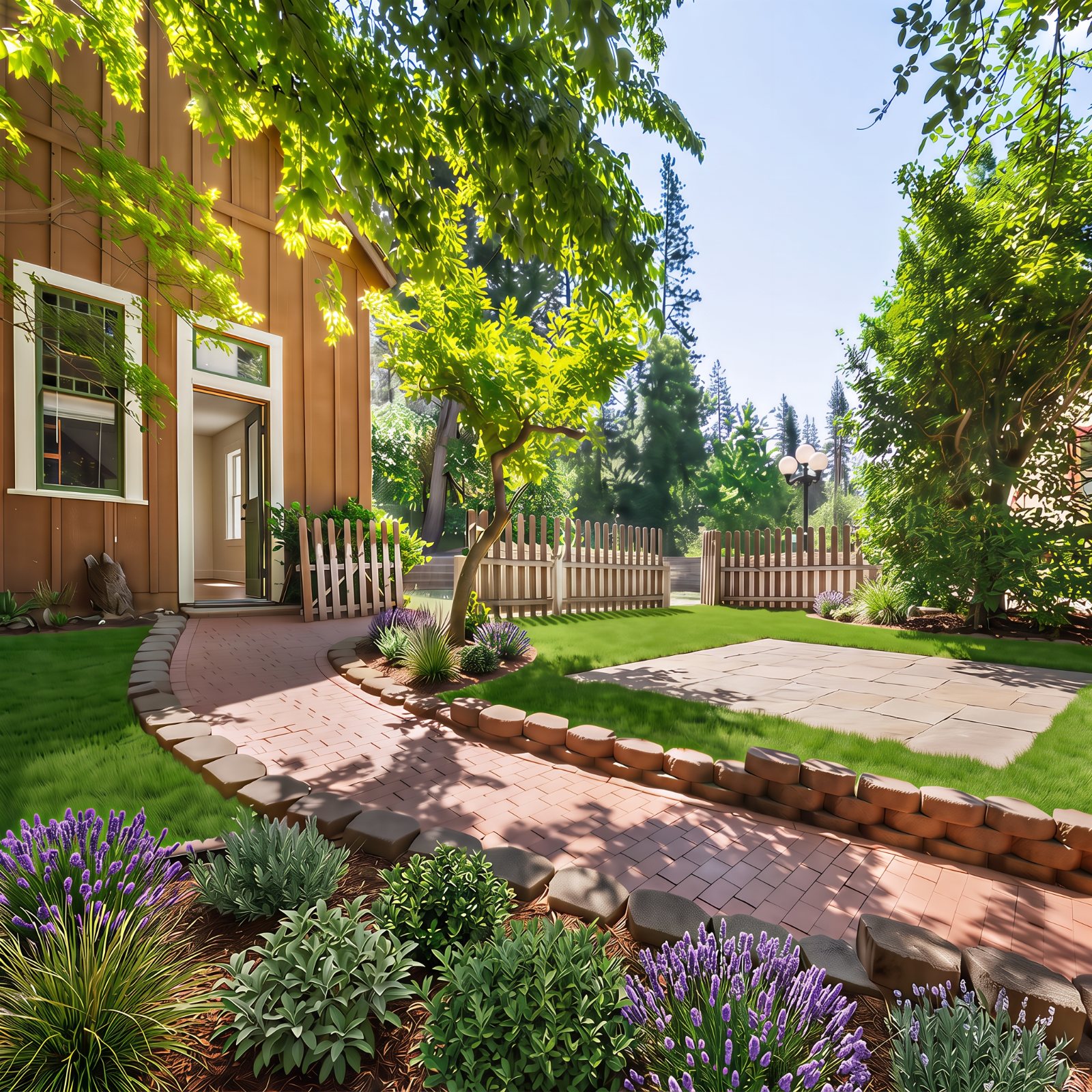 Brick courtyard, lawn, and flagstone patio behind the house