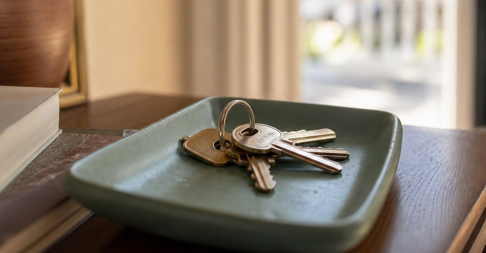 House keys in a dish by the open front door
