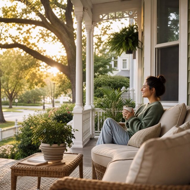 Resident relaxing with coffee on the porch at golden hour
